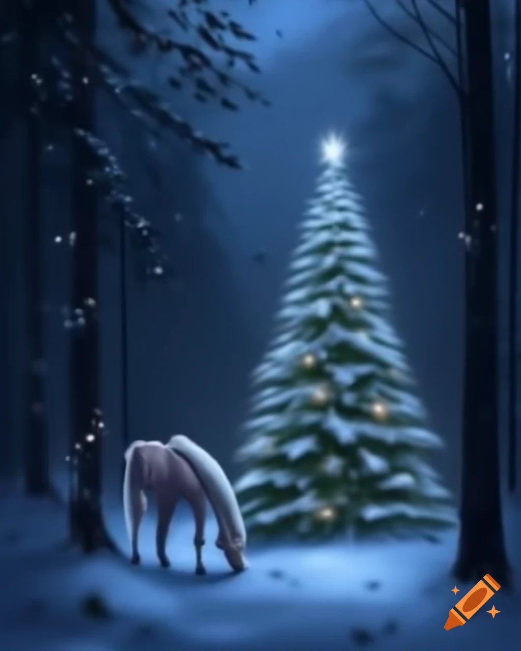 Enchanting Christmas tree in snowy forest with mountains at night and foal