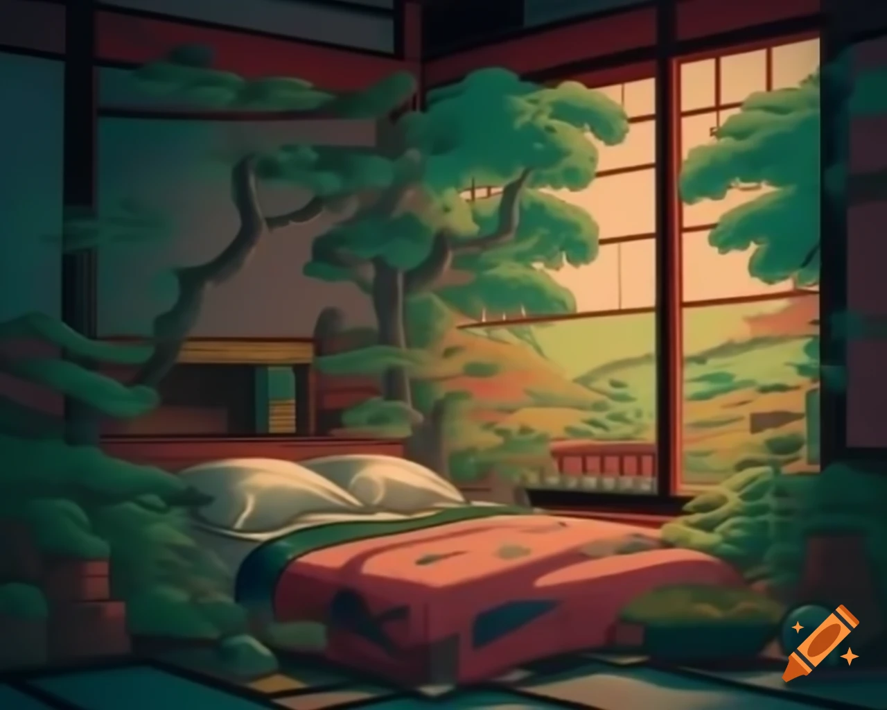 Ukiyo-e illustration of cozy bedroom filled with plants and greenery, dramatic anime lighting