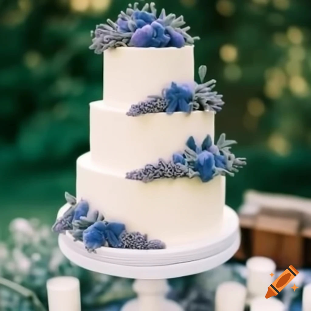 Elegant white wedding cake adorned with lavender berries and blue roses