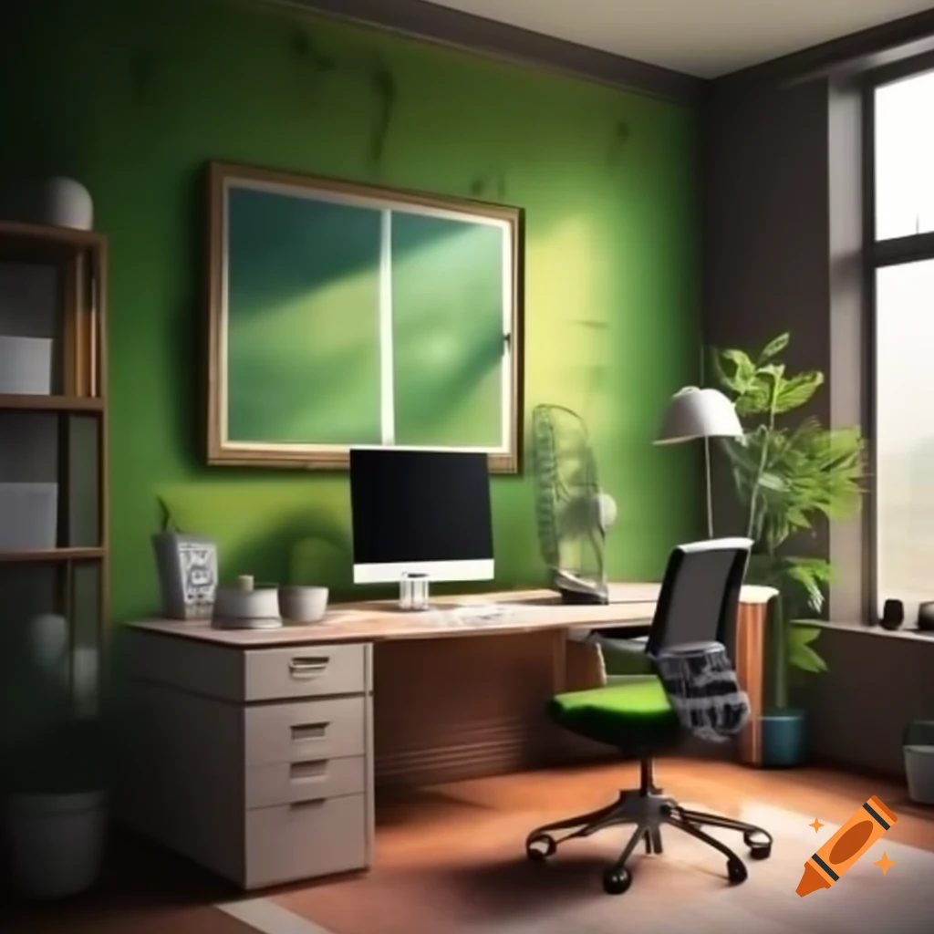 Office room featuring large green wall and canvas artwork