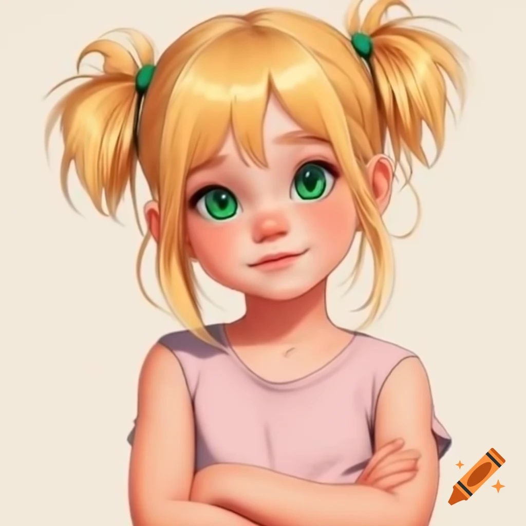 Anime girl with blonde hair and emerald green eyes wearing pink sleeveless t-shirt