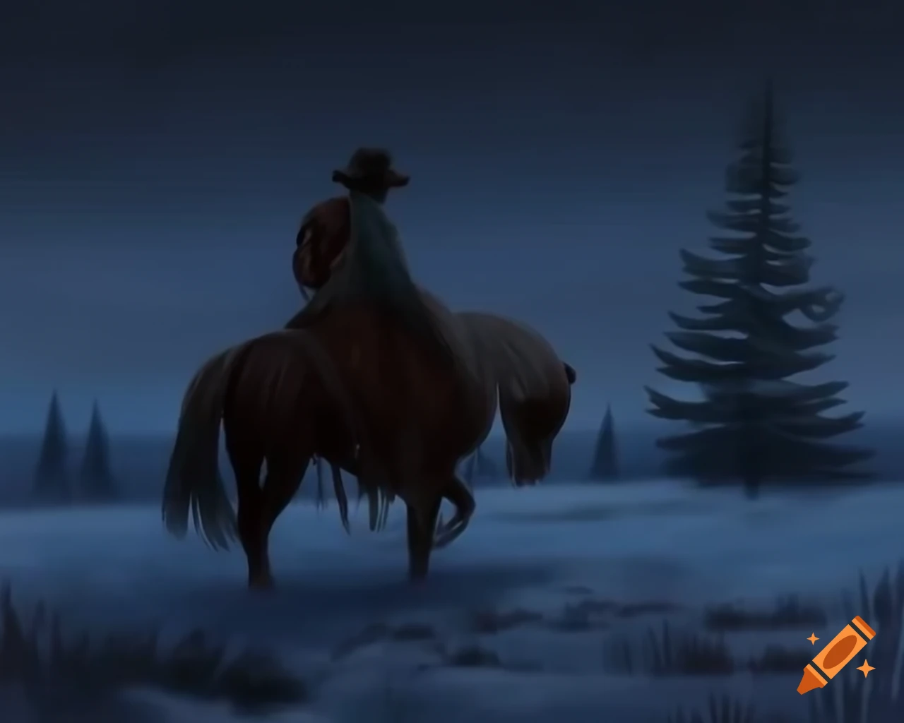 Rugged cowboy on grey horse in snowy field with Christmas tree, oil painting in Monet style