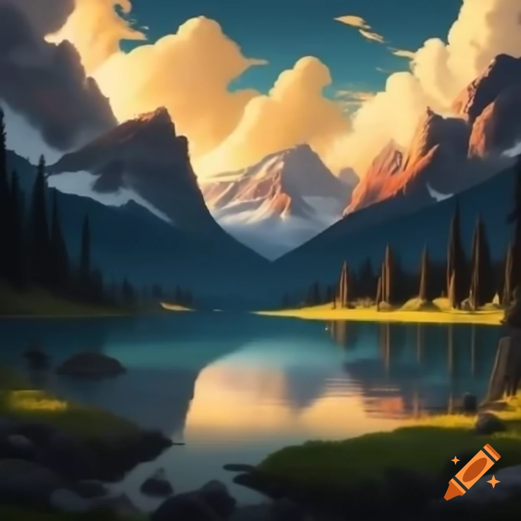 Serene landscape with snow-capped mountains, calm lake, and lush green forest