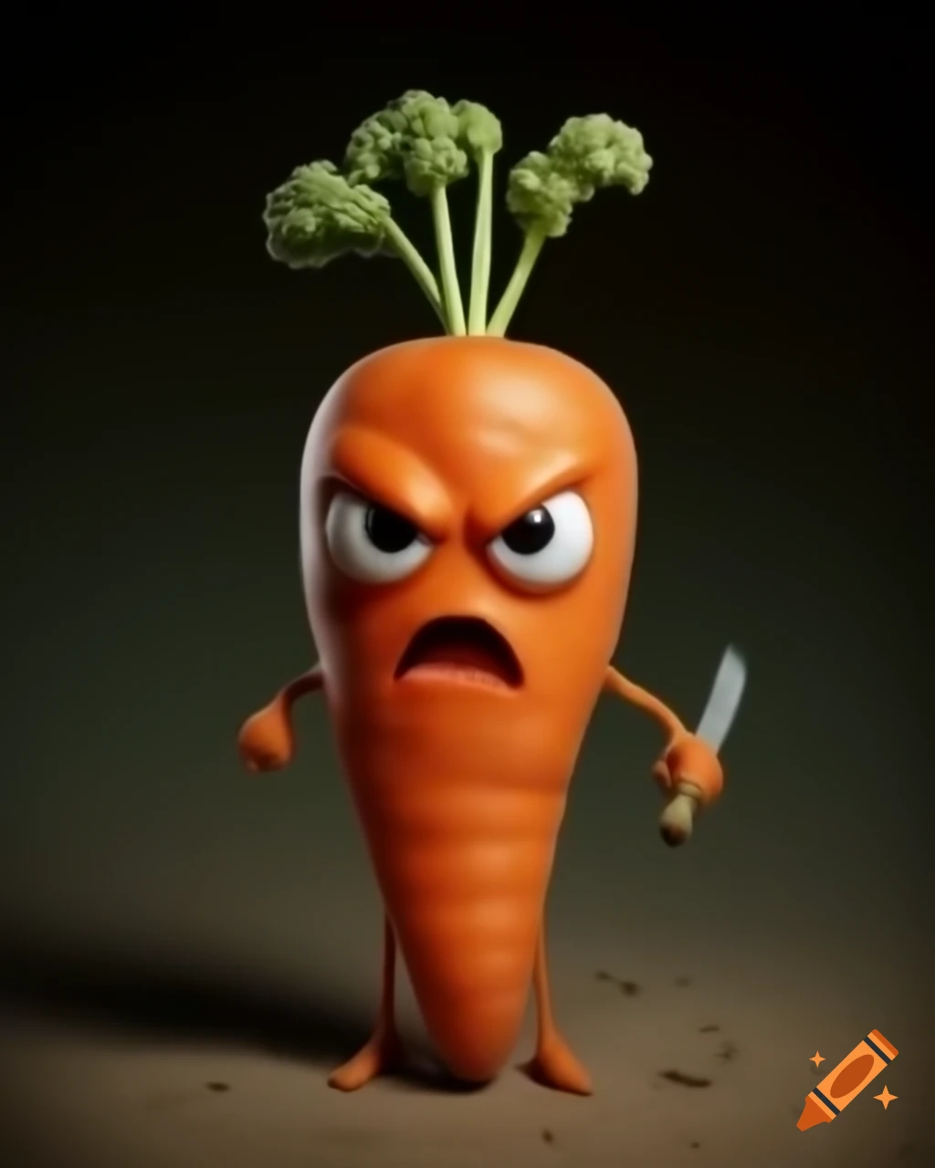 Hyper realistic kawaii warrior carrot with sword and angry expression