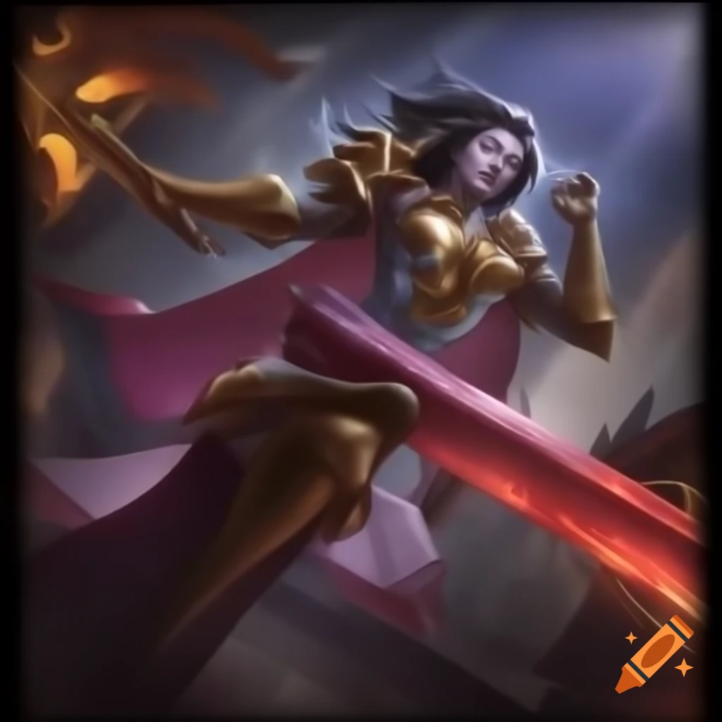 Radiant figure in gold armor wielding sword with magical sun tracers