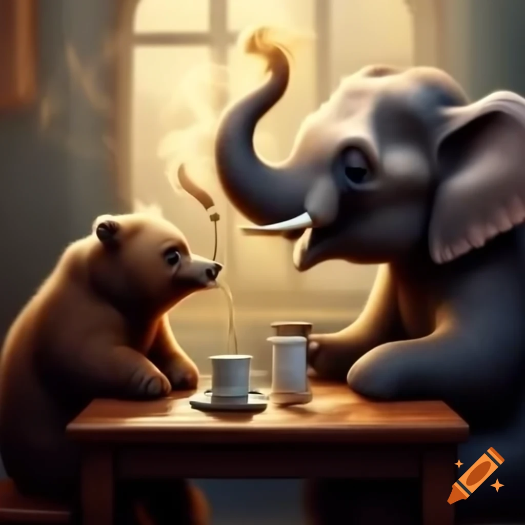 Fluffy bear and brown elephant enjoying hot tea together at a table