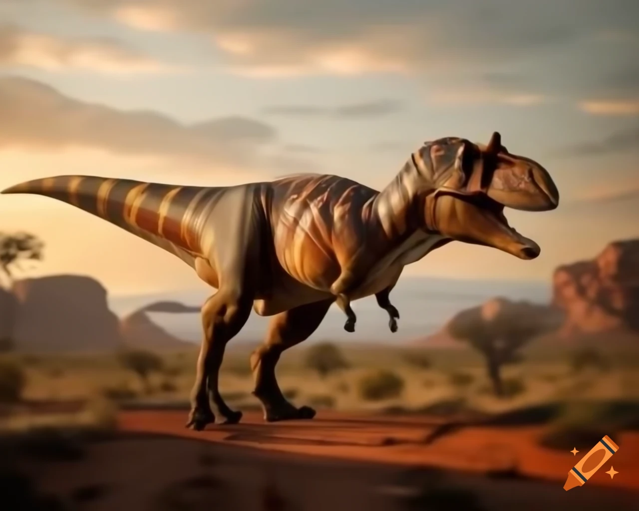 Cinnamon-colored and grey striped Carnotaurus crossing ravine in outback landscape during morning light