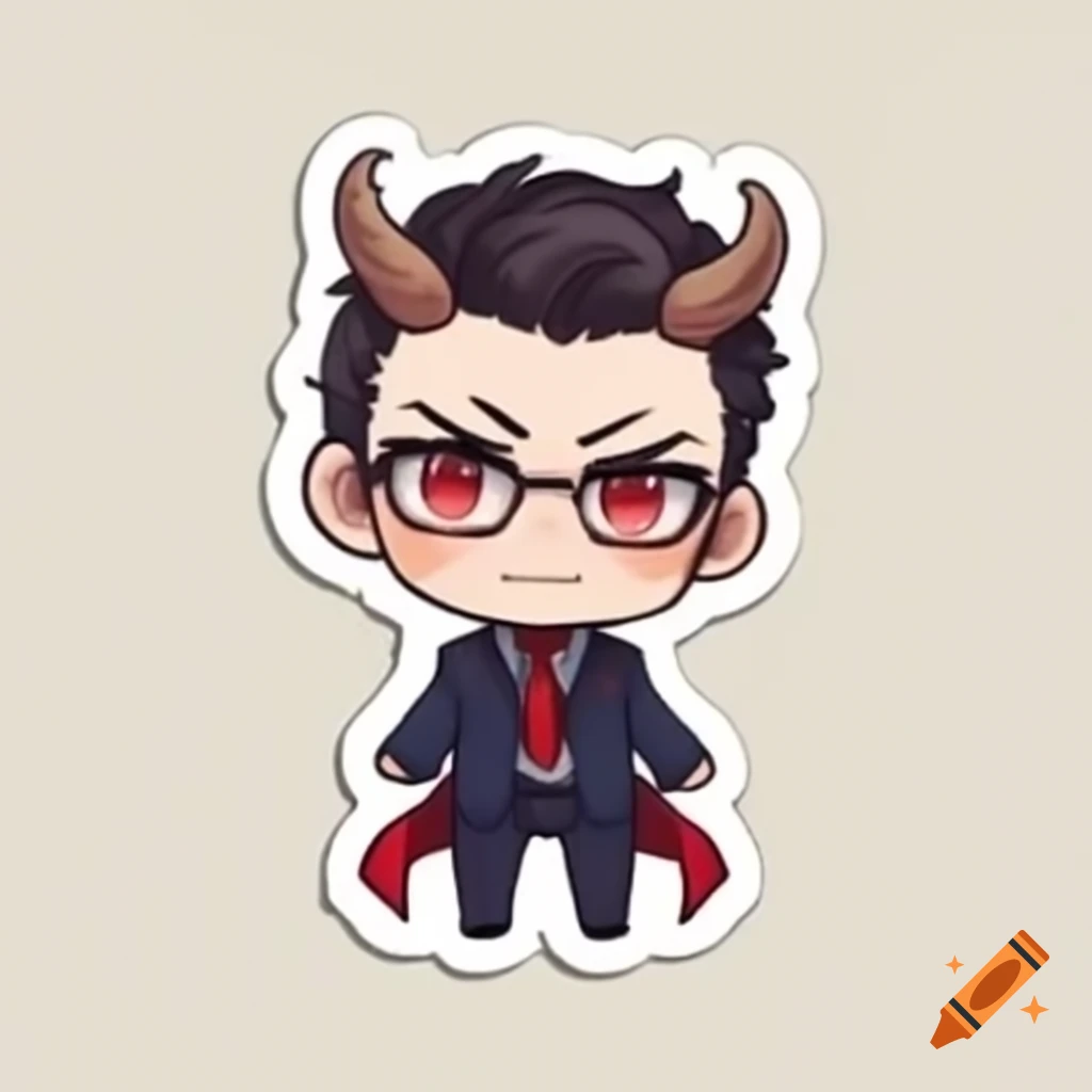 Chibi-style Satan character with satyr legs and spectacles in hell setting