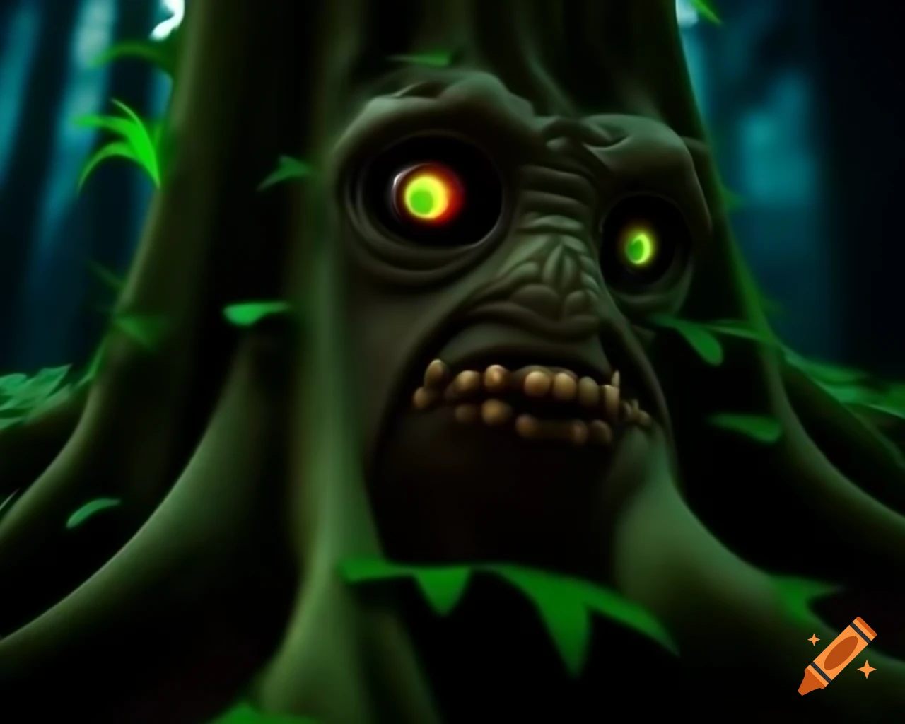 3D CGI anime tree monster with humanoid bark face and trees growing on its body