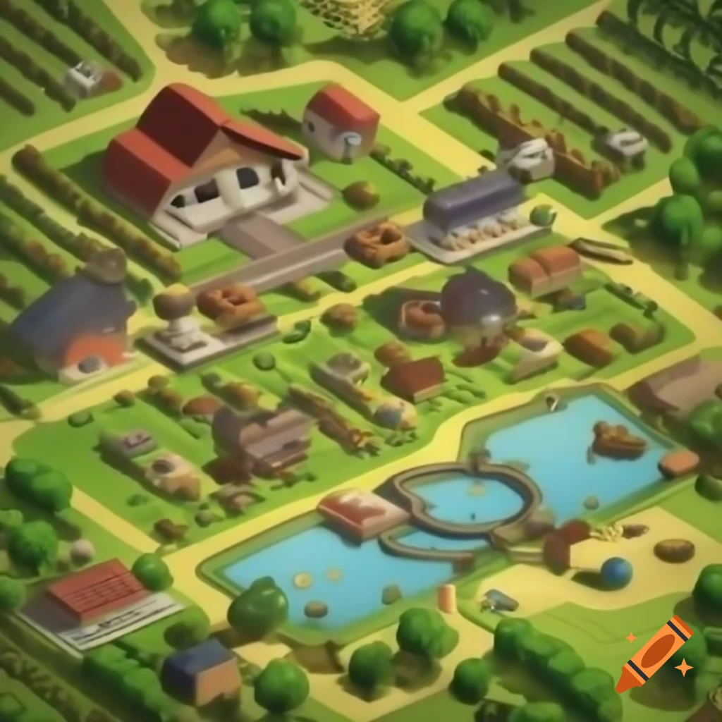 Vibrant village landscape with eco-tourism lodge and lush greenery