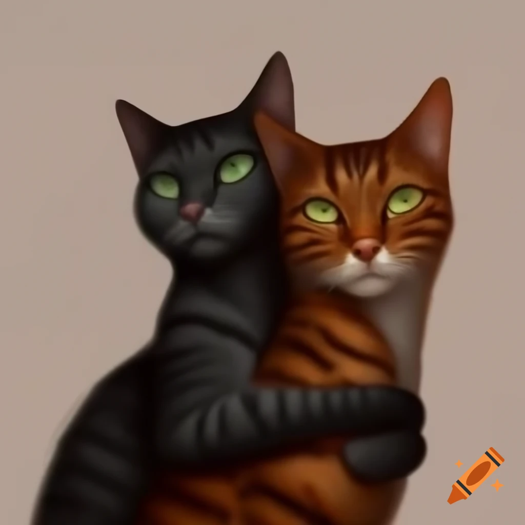 Line drawing of two hugging cats in MidJourney style