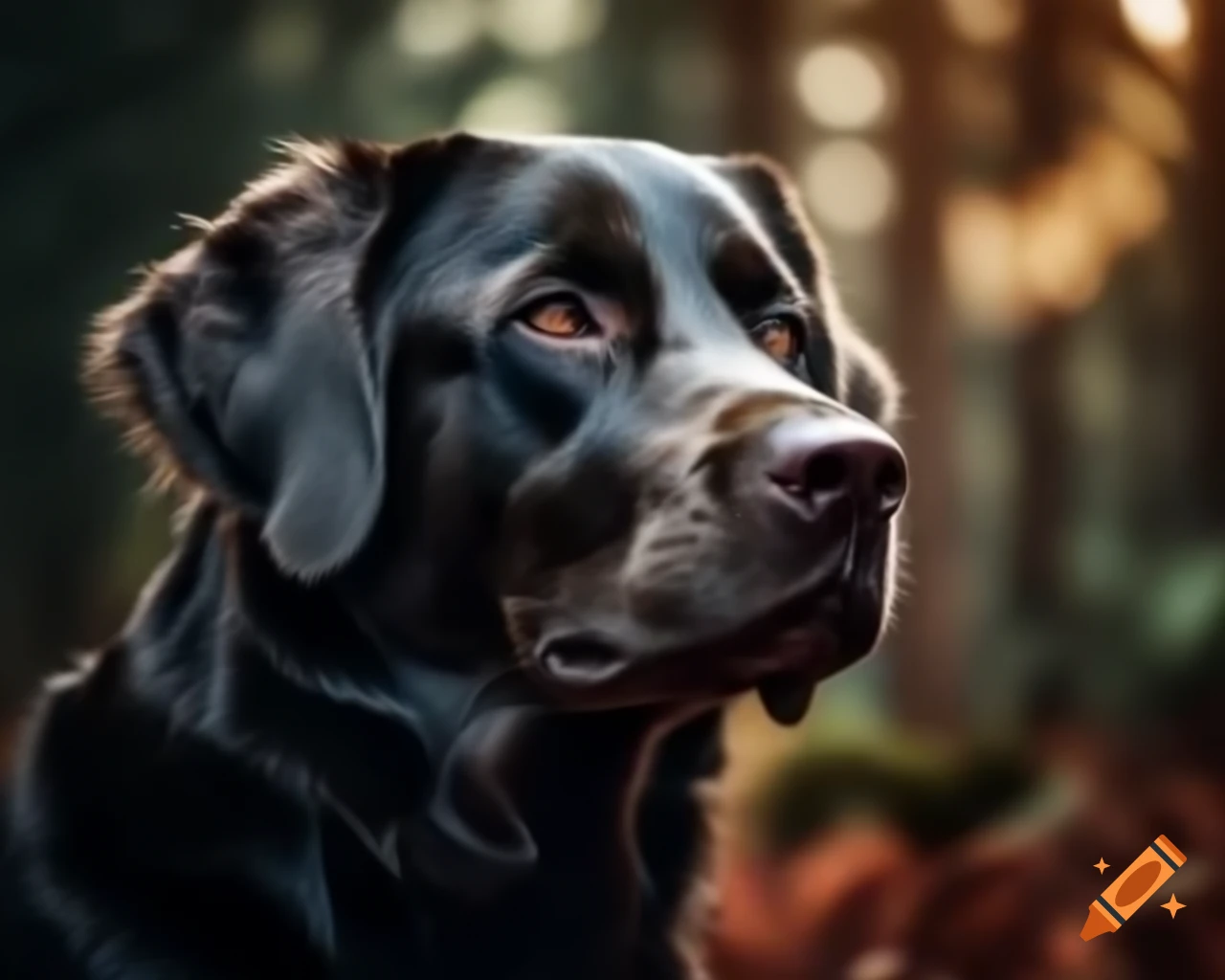 Hyperrealistic black Labrador Retriever in forest with dark brown eyes