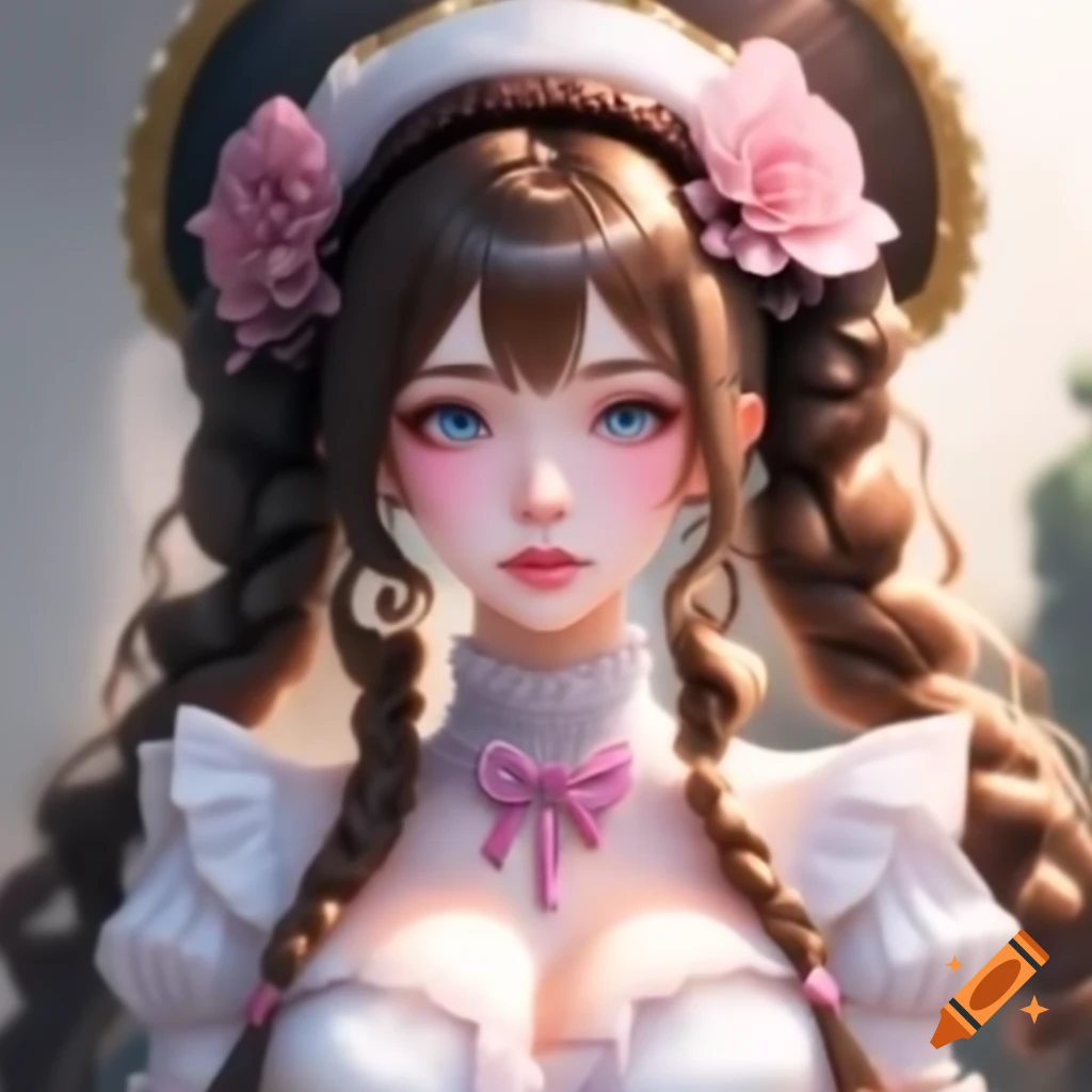 Victorian woman in frilly rococo dress with pink bow and flowers
