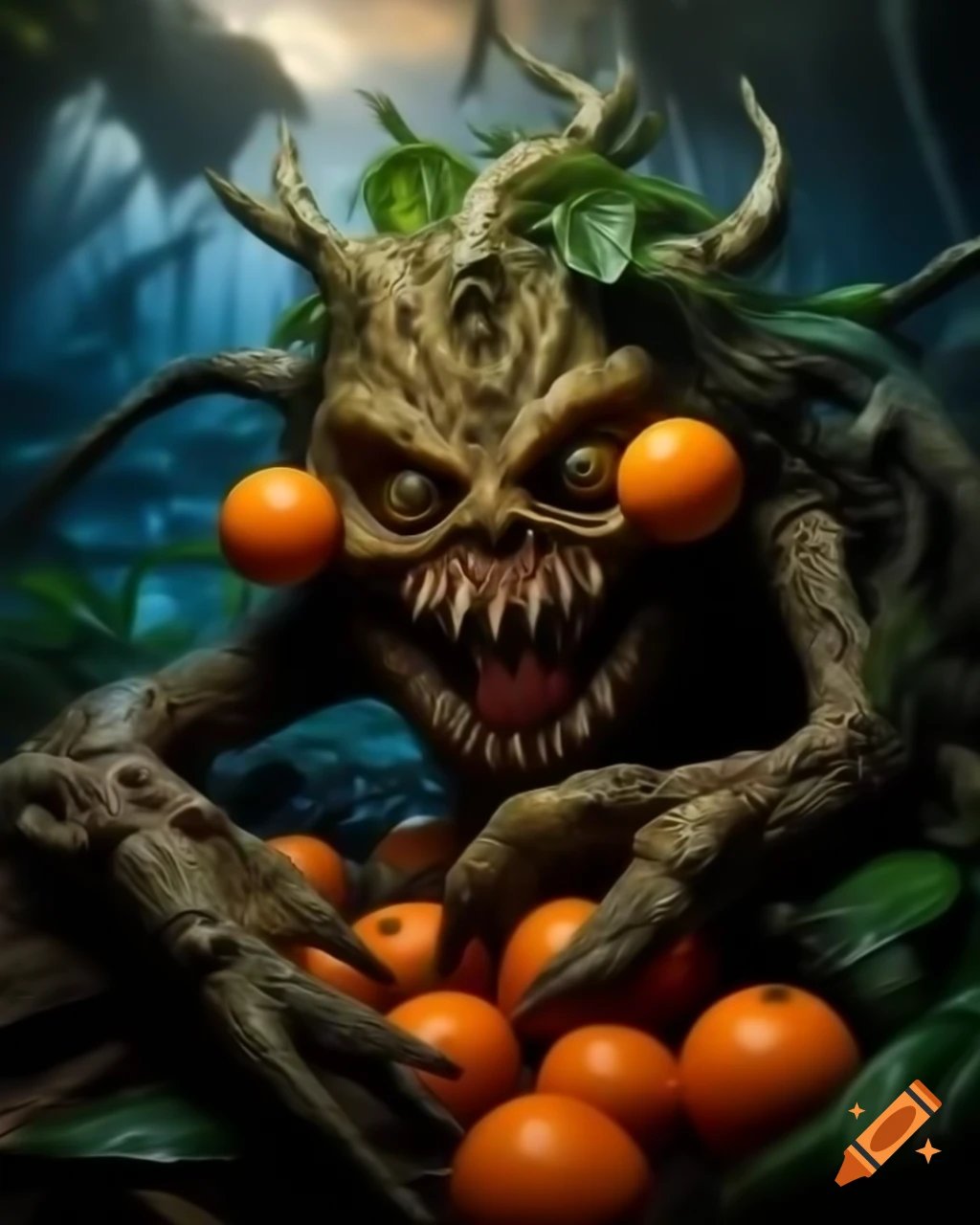 Hauntingly beautiful decay of a rotten orange fruit tree monster