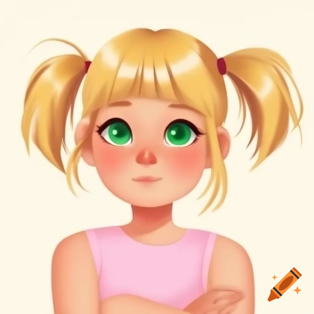 Anime girl with blonde hair and emerald green eyes wearing pink sleeveless t-shirt