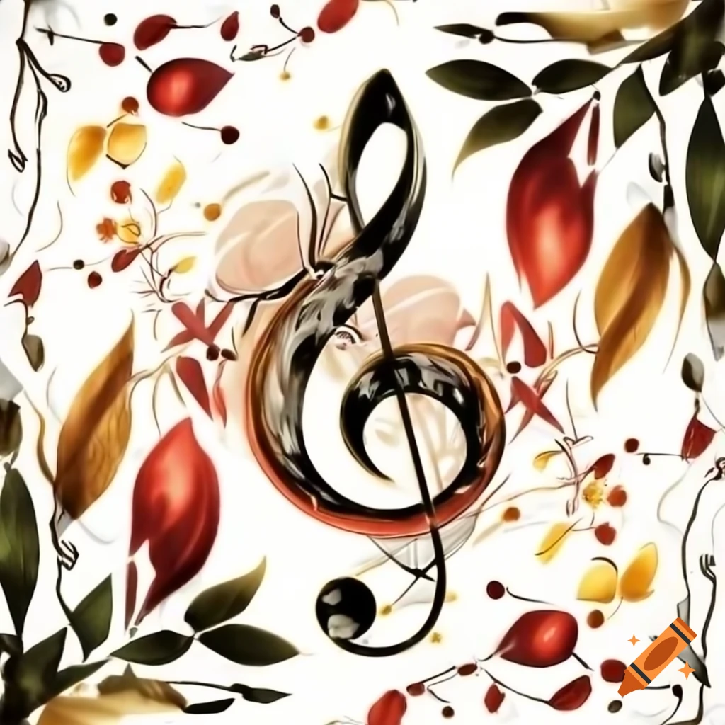 Treble clef in scrollwork with flowing handscript in black and gray, surrounded by colorful leaves
