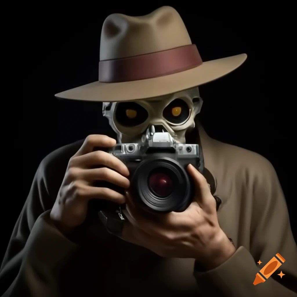 Realistic comic book villain photographer in fedora with flashing camera