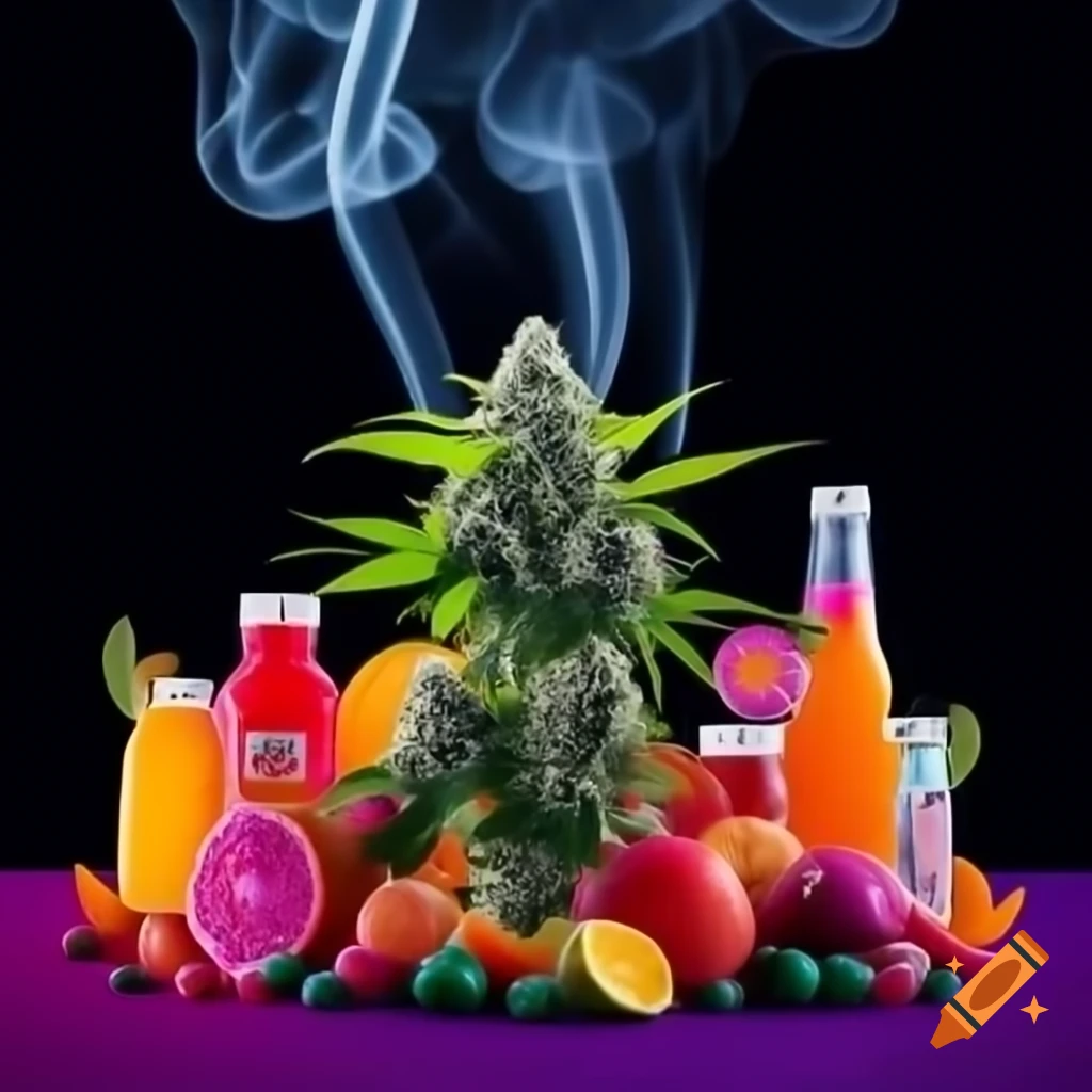 Realistic cannabis flower surrounded by fruits and colorful neon smoke