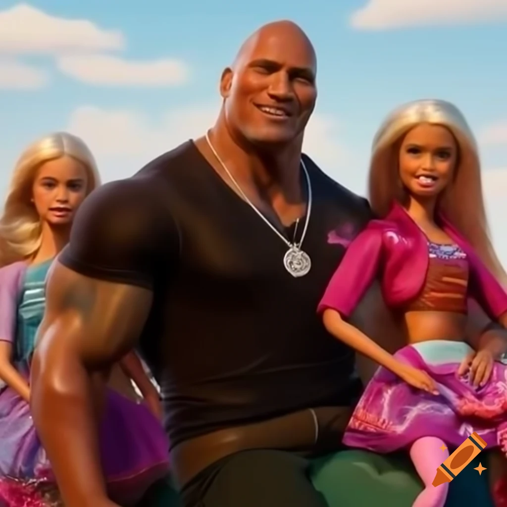 Dwayne Johnson humorously riding a Barbie doll