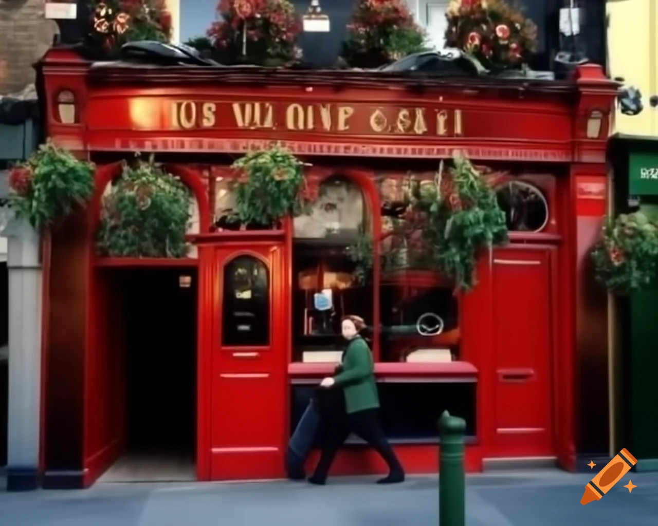 Front view of vibrant red and brown Irish pub
