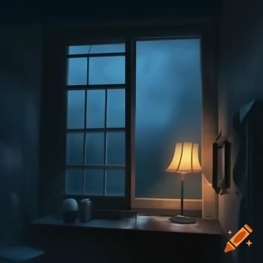 View outside window with lamp at night during rain