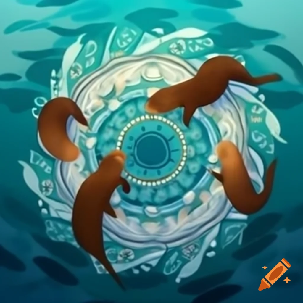 Intricate mandala design with colorful sea otters swimming around