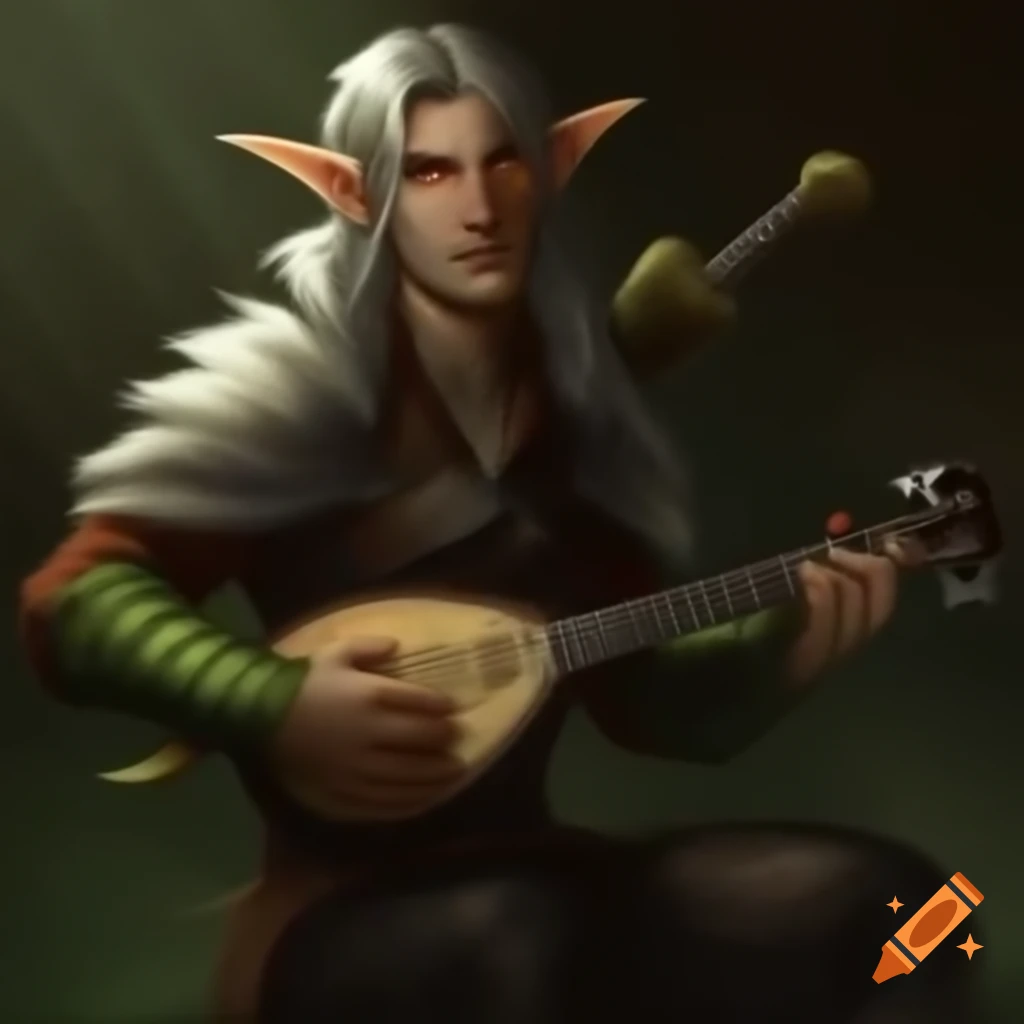 Male elf bard playing mandolin with rapier in fantasy setting