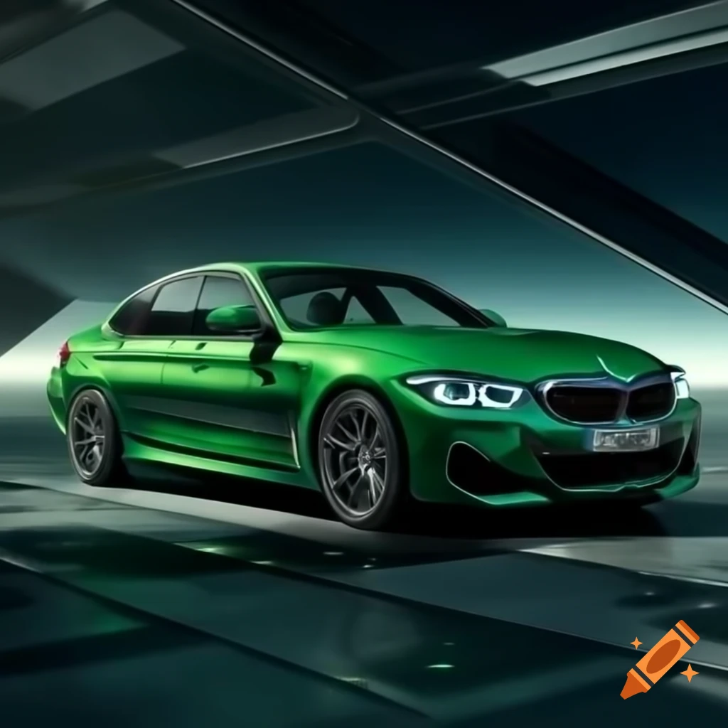 Green BMW M5 on a futuristic spaceship