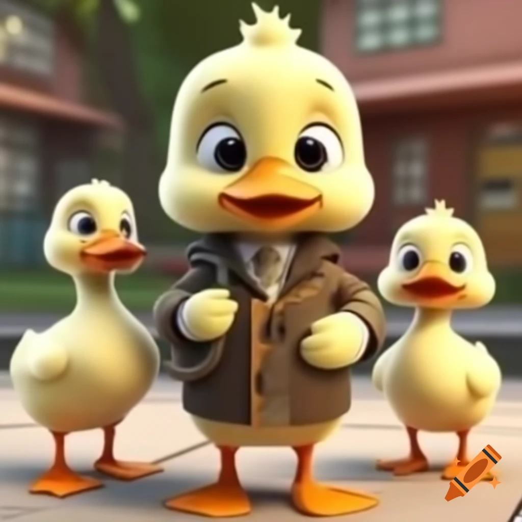 Child duck in coat hugging parent ducks in front of daycare, 3D cartoon style