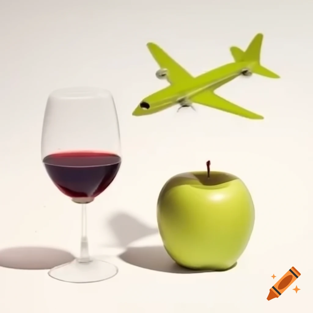 Apple, glass of red wine, ham, and small green airplane arranged in a row
