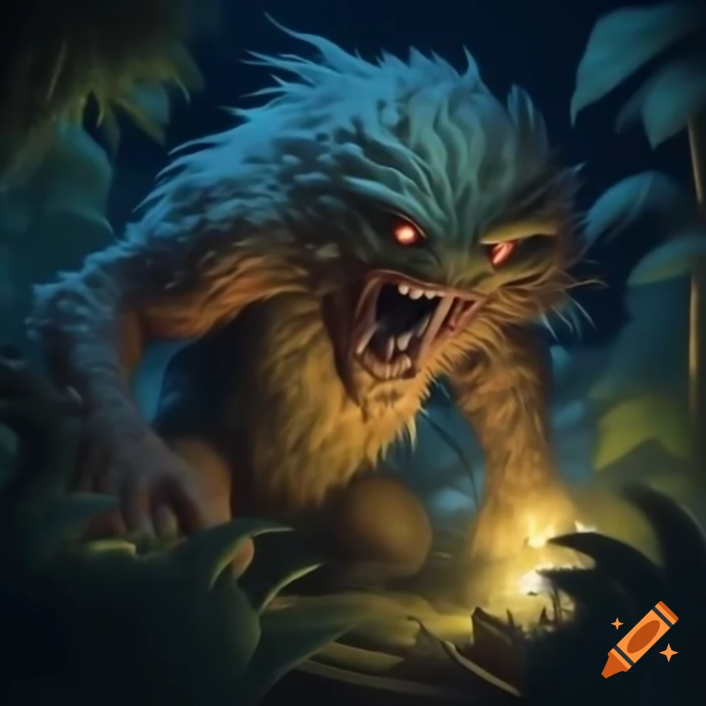 Monster stalking prey at night in jungle, metaphor for navigating financial challenges