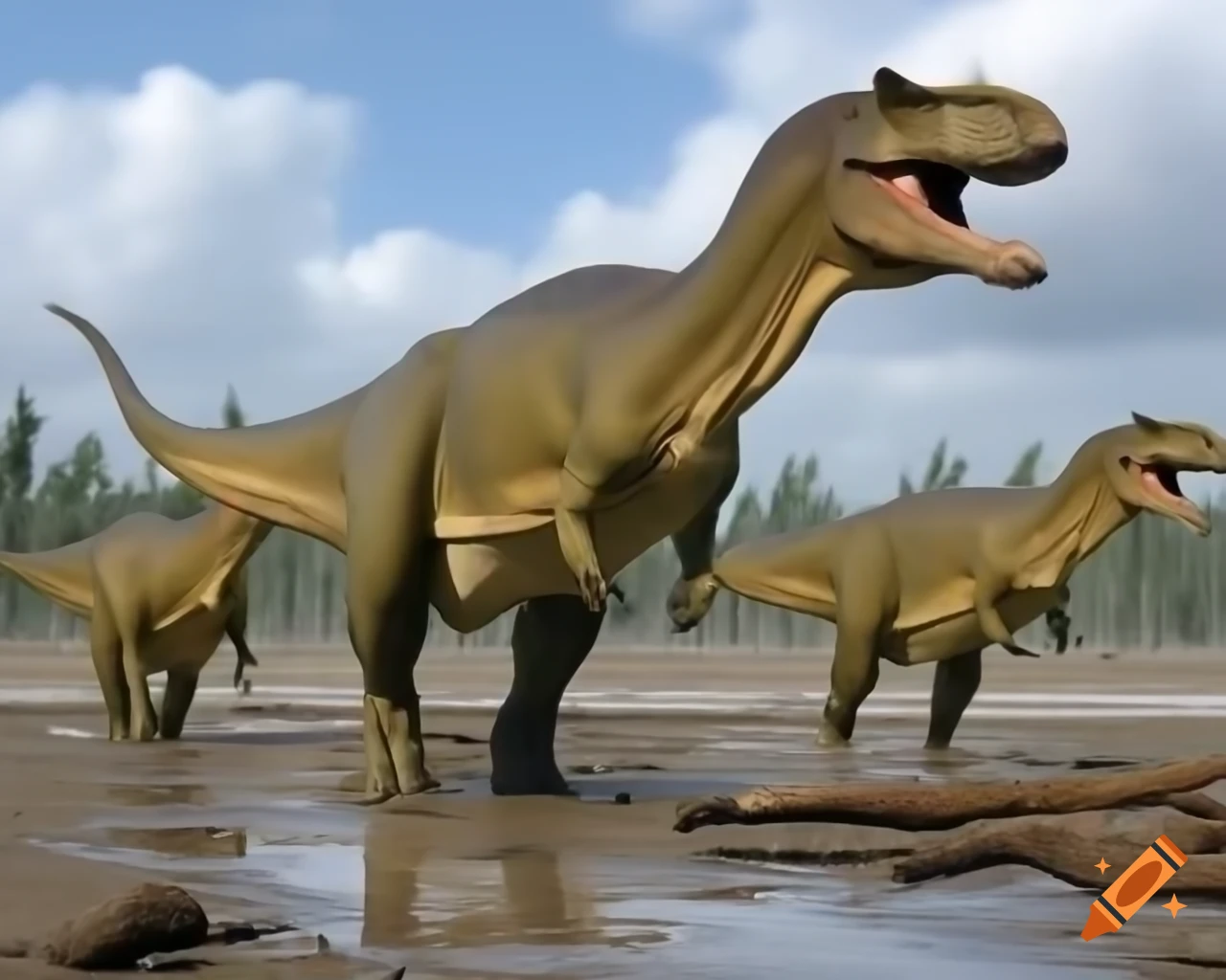 Three cinnamon-colored Hadrosaurus dinosaurs in a mudflat with driftwood in bright colors