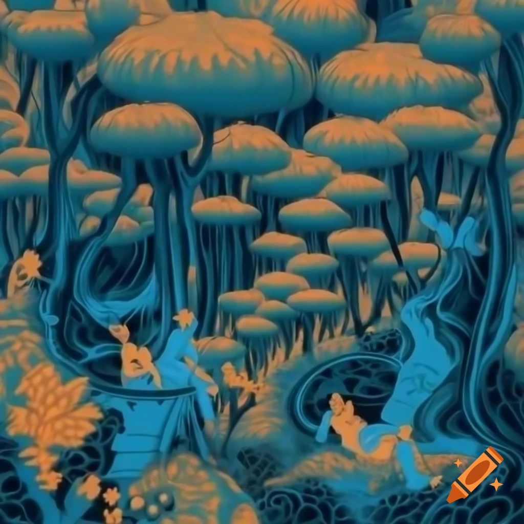 Surrealist nature landscape with people, featuring fractal patterns and bright colors