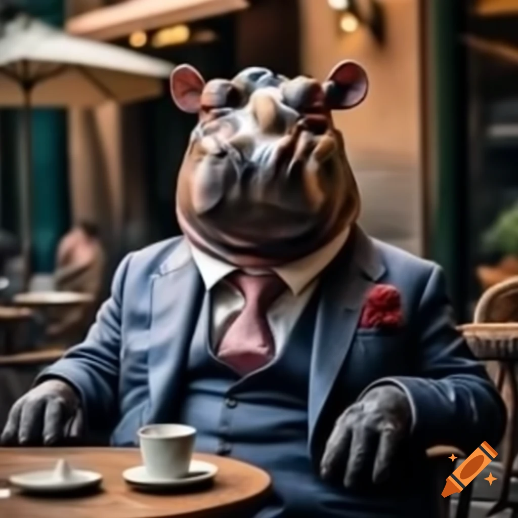 Hippo dressed in Italian suit sitting at cafe patio