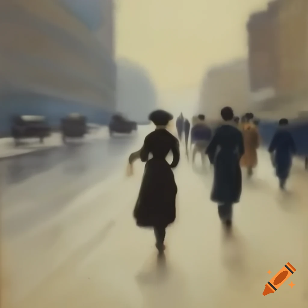 Dachshund and early 1900s woman walking quickly, painting style