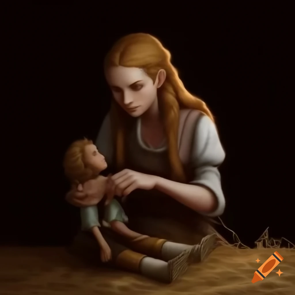 Woman in medieval peasant clothing interacting with a straw doll