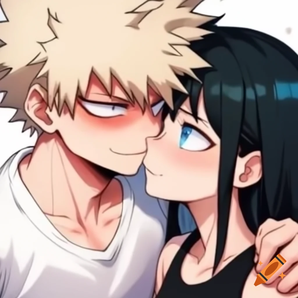 Katsuki Bakugou embracing a girl with black hair and blue eyes