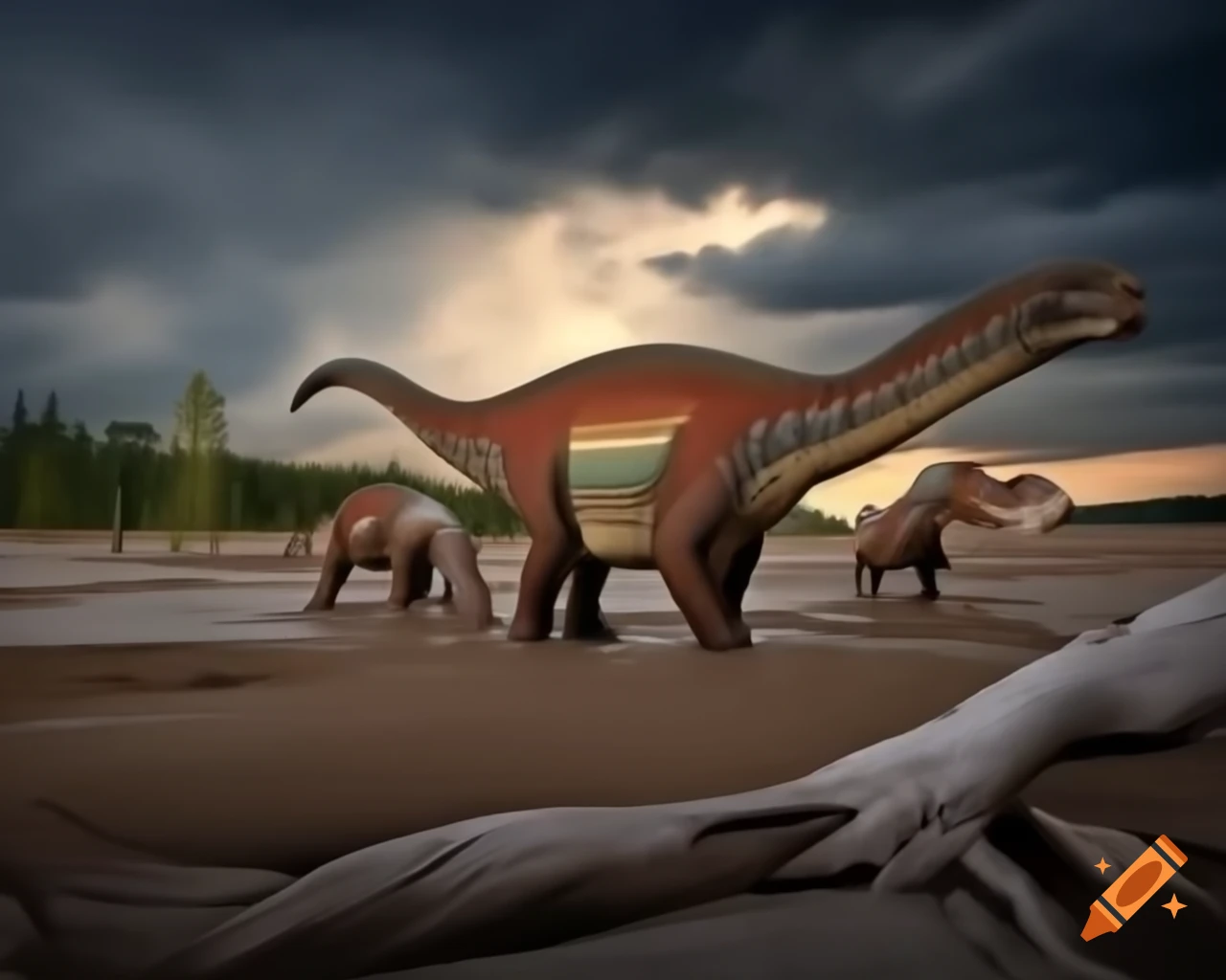 Group of Iguanodon dinosaurs crossing mudflat with driftwood in British Columbia