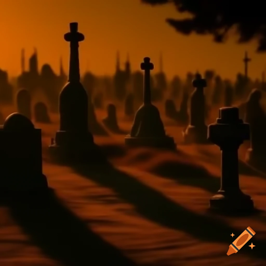 Cemetery illuminated by warm orange light