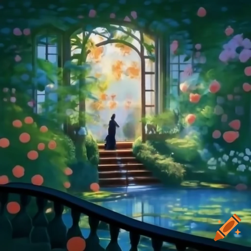 Beautifil Monet-inspired Victorian garden with balcony, pond, and fountain at dawn