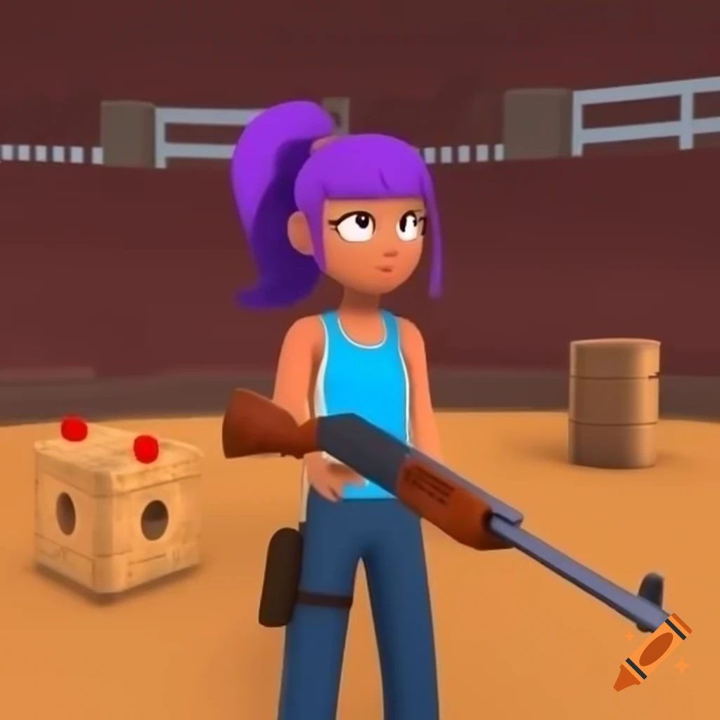 Young female character with purple ponytail and blue tank top holding shotgun in dusty arena