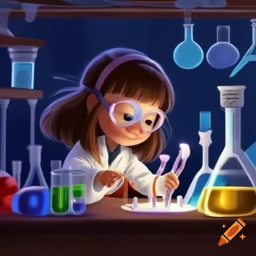 Girl with brown hair and eyes dancing in a chemistry lab
