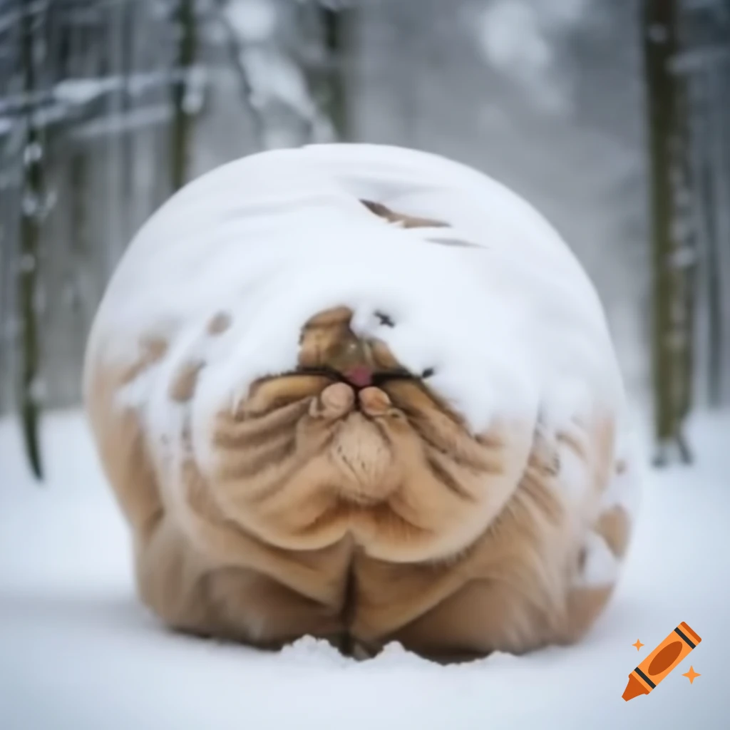 Chubby cat covered in snow