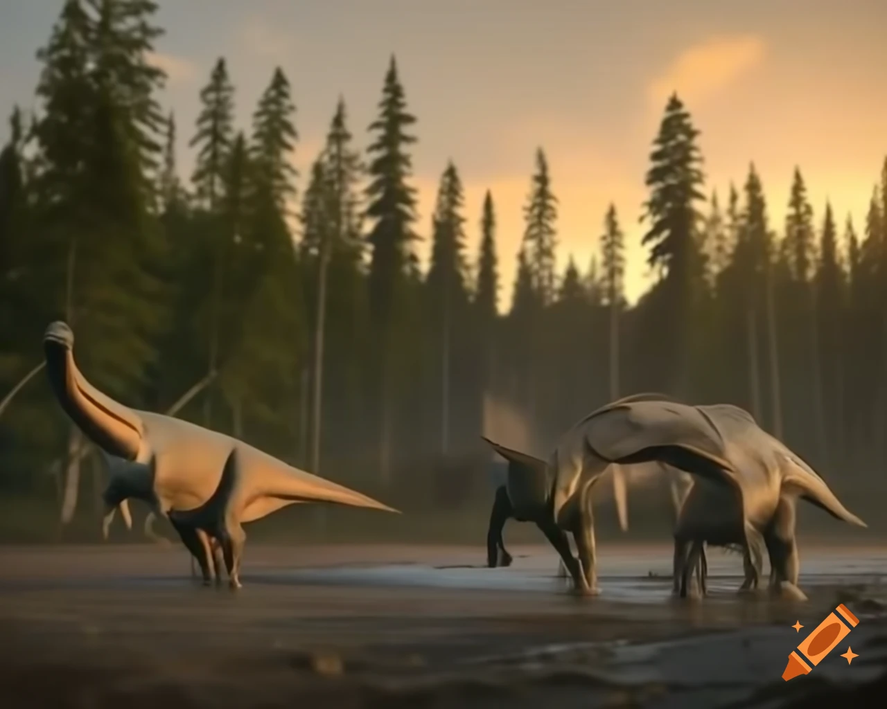 Hadrosaurus dinosaurs roaming by lake in British Columbia morning light