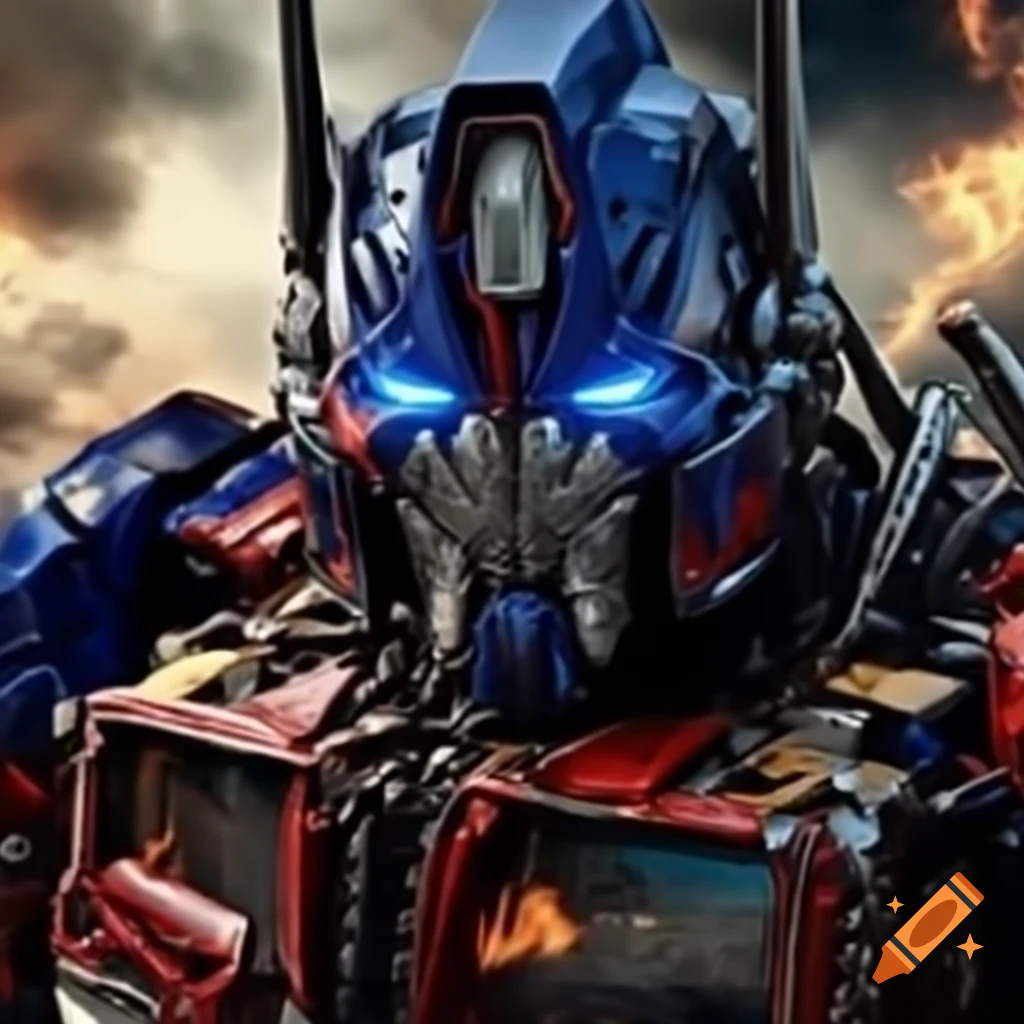Optimus Prime in realistic background with explosions and fire