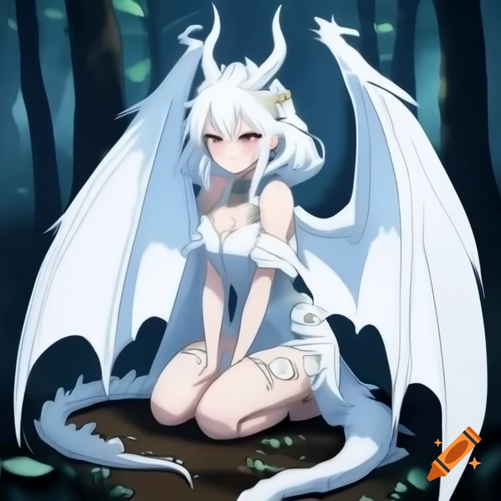 Anime dragon woman with white hair and wings in fantasy forest