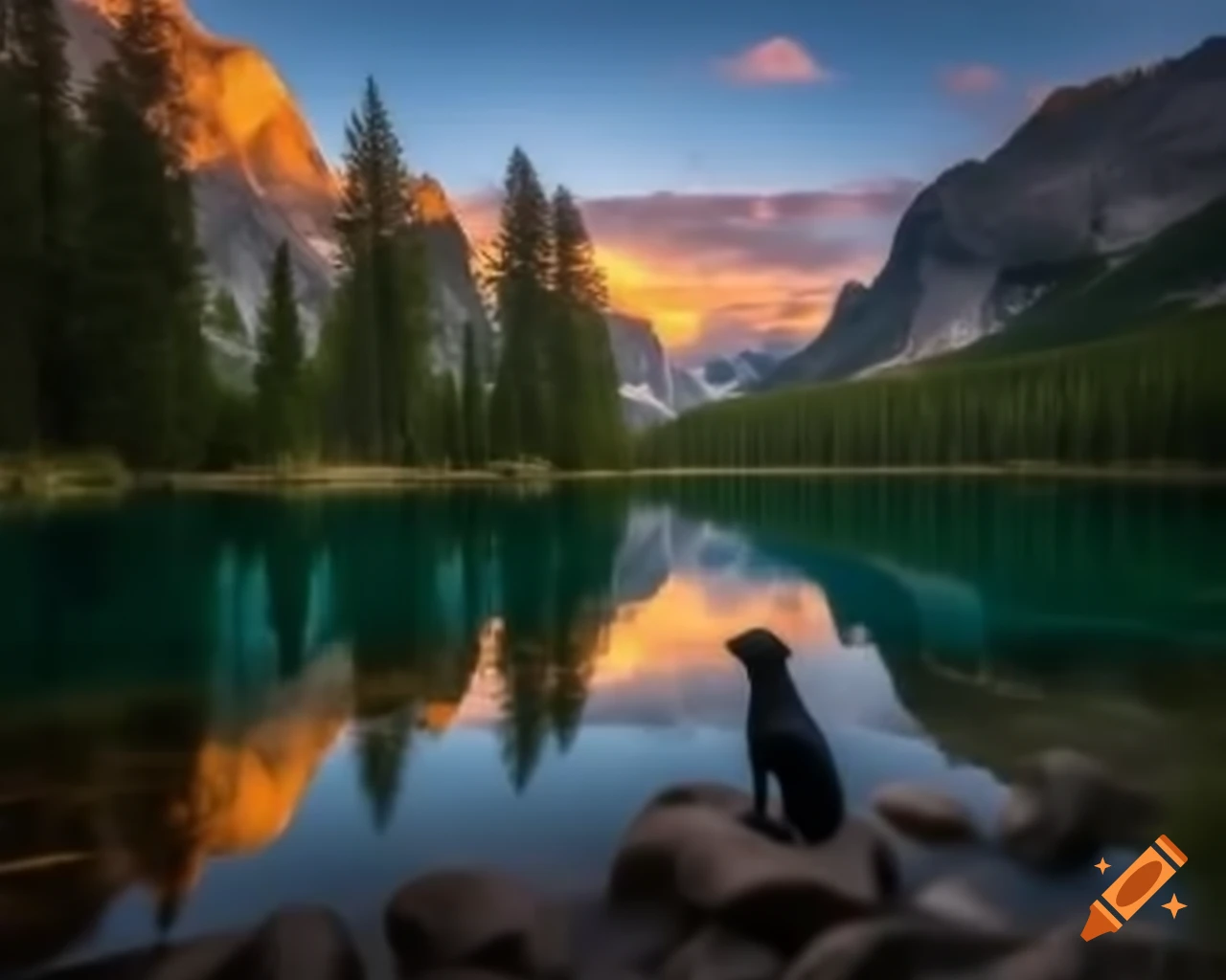 Realistic nature photography of black Labrador retriever by mountains and lake with birds and trees