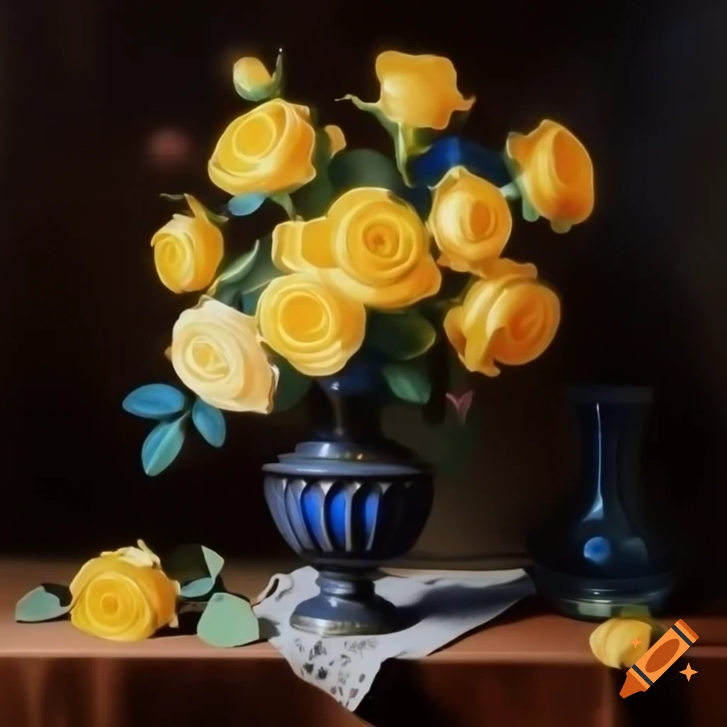 Still life oil painting of yellow roses in art nouveau style with captivating lighting