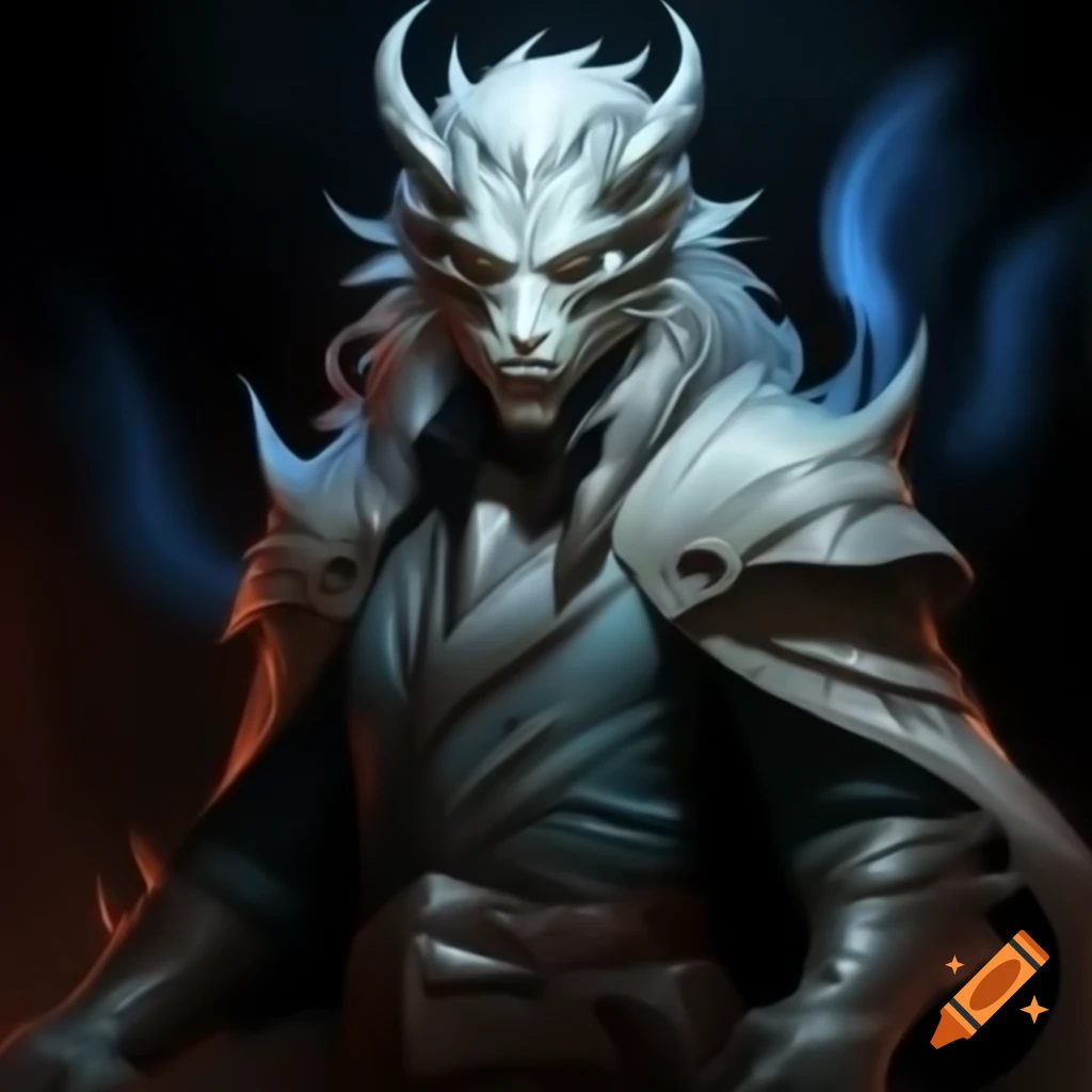 White Dragonborn Warlock in mystical robes with shadow of death