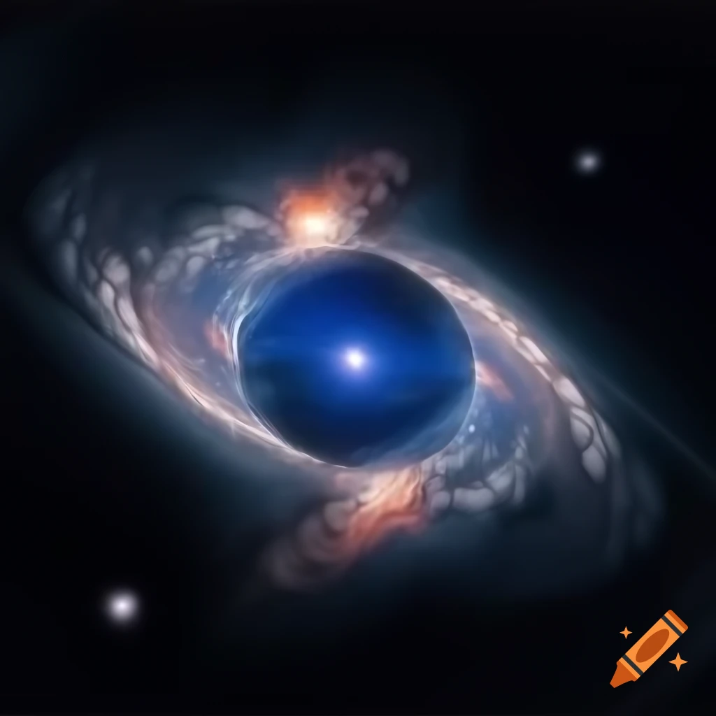 Circular galaxy with twinkling stars and blue and red planets